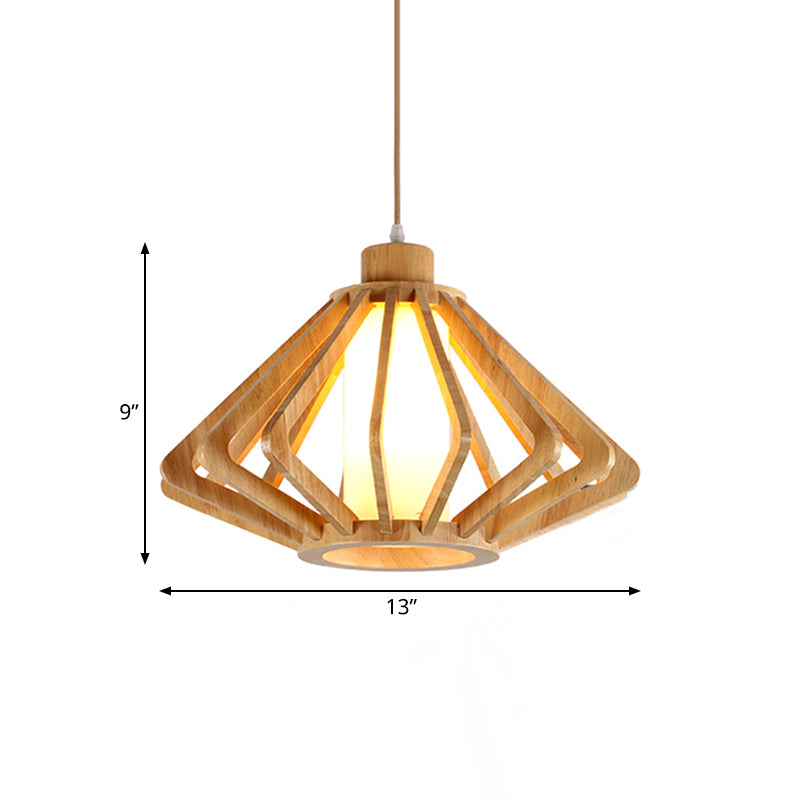 Modern 1-Bulb Wood Diamond Pendant Light With Cylinder Glass Shade - Natural 13/17 Wide