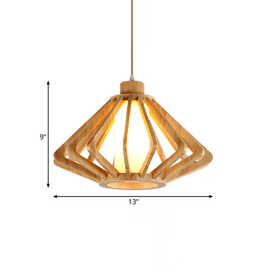 Modern 1-Bulb Wood Diamond Pendant Light With Cylinder Glass Shade - Natural 13/17 Wide