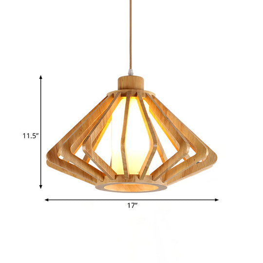 Modern 1-Bulb Wood Diamond Pendant Light With Cylinder Glass Shade - Natural 13/17 Wide