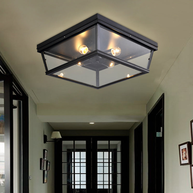 Industrial Square/Hexagon Cage Glass Ceiling Light with 2/4 Bulbs, Clear/Black Flush Mount Lighting