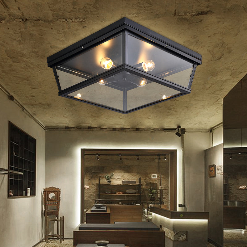 Industrial Square/Hexagon Cage Glass Ceiling Light with 2/4 Bulbs, Clear/Black Flush Mount Lighting