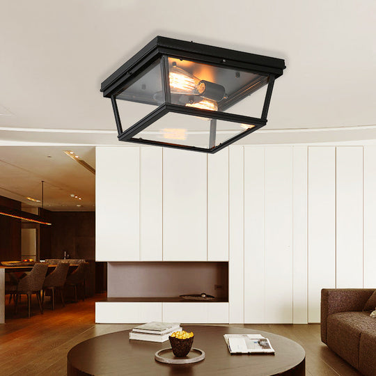 Industrial Square/Hexagon Cage Glass Ceiling Light with 2/4 Bulbs, Clear/Black Flush Mount Lighting