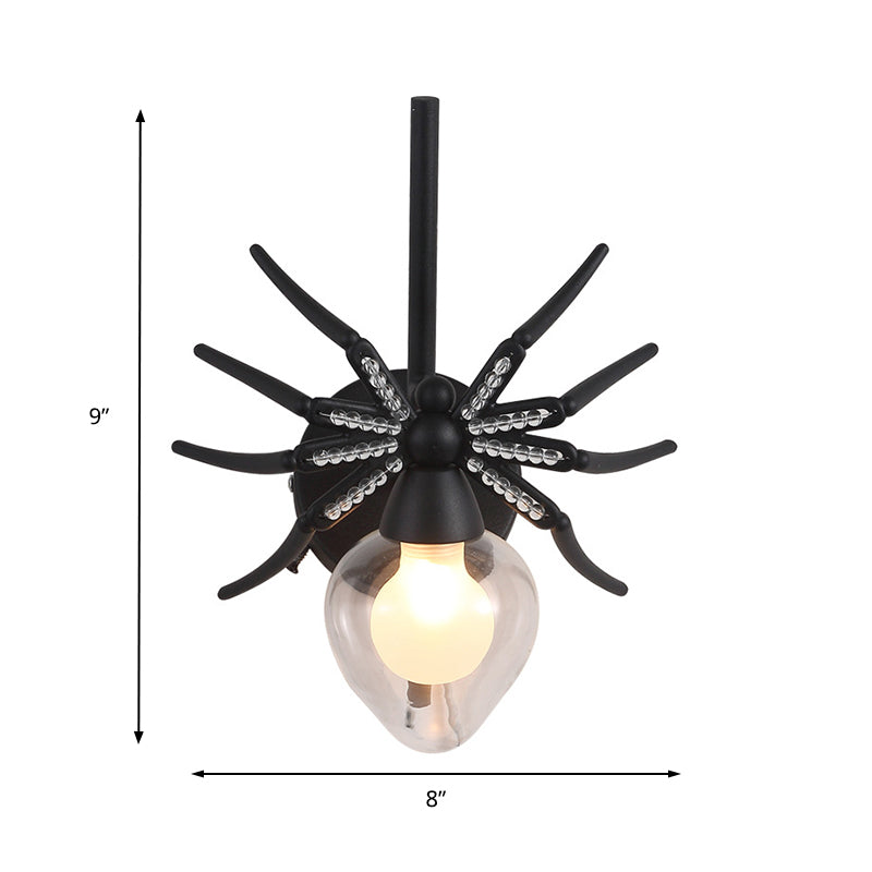 Rustic Lodge Black Spider Sconce: Metallic Mini Wall Lamp With Clear Glass Shade