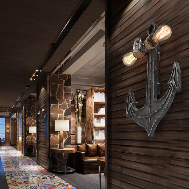 2-Light Nautical Industrial Wall Lamp: Anchor Design Wrought Iron Sconce Lighting For Restaurants