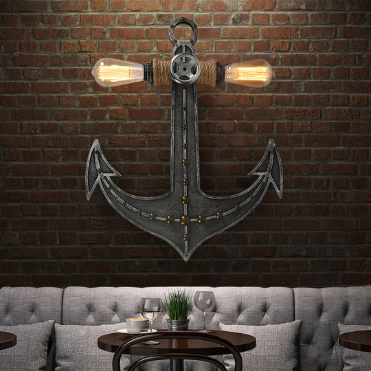 2-Light Nautical Industrial Wall Lamp: Anchor Design Wrought Iron Sconce Lighting For Restaurants