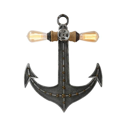 2-Light Nautical Industrial Wall Lamp: Anchor Design Wrought Iron Sconce Lighting For Restaurants