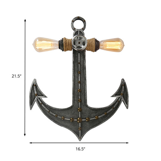 2-Light Nautical Industrial Wall Lamp: Anchor Design Wrought Iron Sconce Lighting For Restaurants