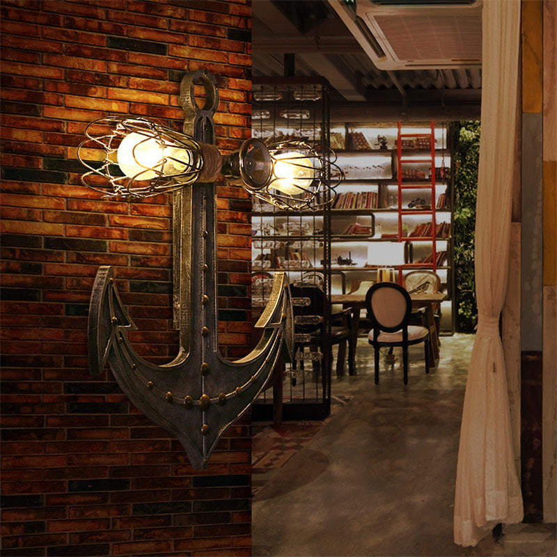 2-Light Nautical Industrial Wall Lamp: Anchor Design Wrought Iron Sconce Lighting For Restaurants