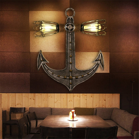 2-Light Nautical Industrial Wall Lamp: Anchor Design Wrought Iron Sconce Lighting For Restaurants