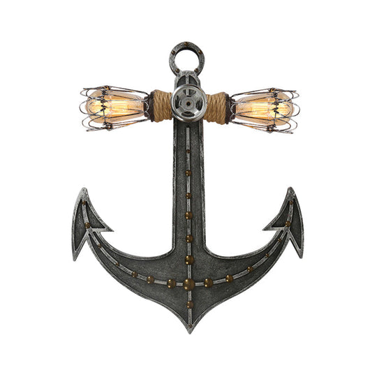 2-Light Nautical Industrial Wall Lamp: Anchor Design Wrought Iron Sconce Lighting For Restaurants