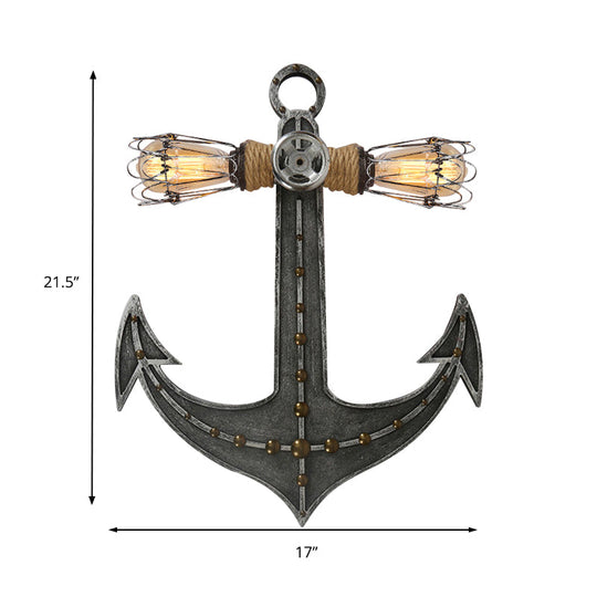 2-Light Nautical Industrial Wall Lamp: Anchor Design Wrought Iron Sconce Lighting For Restaurants