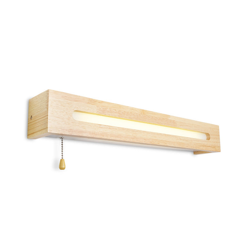 Modern Wooden Rectangle Vanity Lamp Beige Wall Sconce Light With Pull Chain And Diffuser - 18/21.5