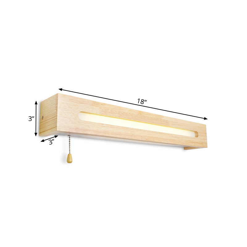 Modern Wooden Rectangle Vanity Lamp Beige Wall Sconce Light With Pull Chain And Diffuser - 18/21.5