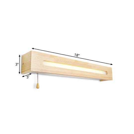 Modern Wooden Rectangle Vanity Lamp Beige Wall Sconce Light With Pull Chain And Diffuser - 18/21.5