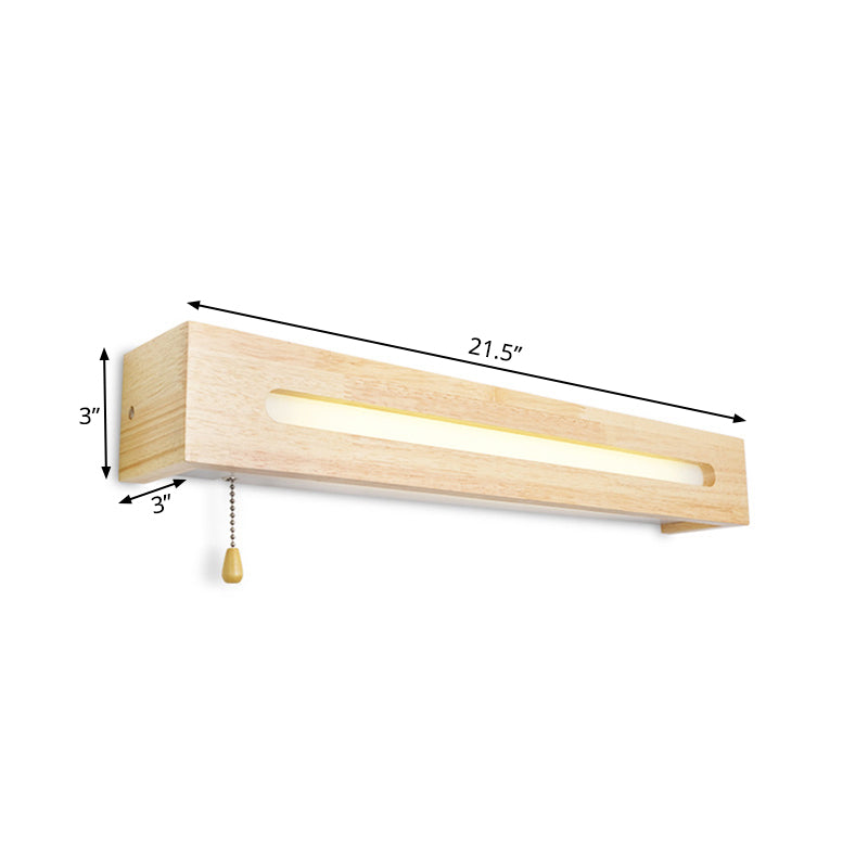 Modern Wooden Rectangle Vanity Lamp Beige Wall Sconce Light With Pull Chain And Diffuser - 18/21.5