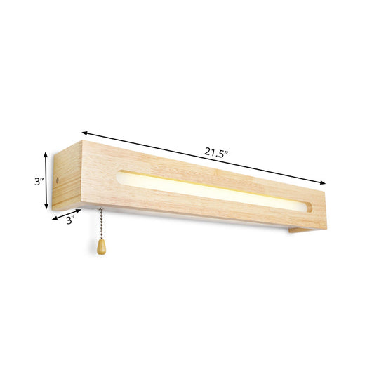 Modern Wooden Rectangle Vanity Lamp Beige Wall Sconce Light With Pull Chain And Diffuser - 18/21.5