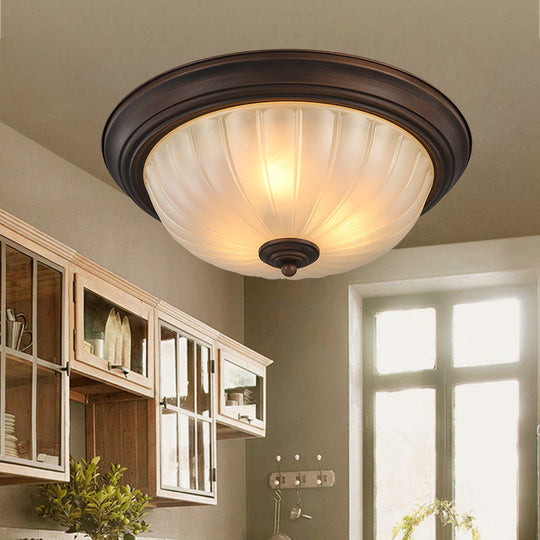 Vintage Style Frosted Glass Flush Mount Bowl Light Fixture for Hallways, with Ribbed Design and 2 Bulbs, in Black