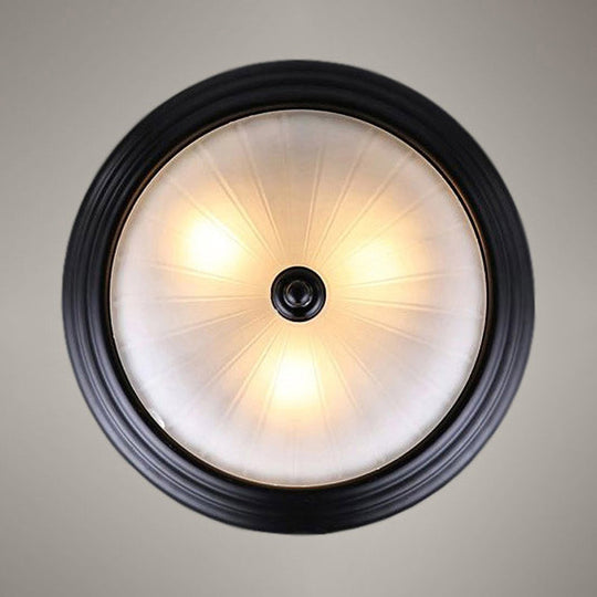 Vintage Style Frosted Glass Flush Mount Bowl Light Fixture for Hallways, with Ribbed Design and 2 Bulbs, in Black