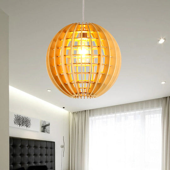 Asian Style Wooden Globe Pendant Light - Natural Wood Suspension Lamp For Dining Room Décor