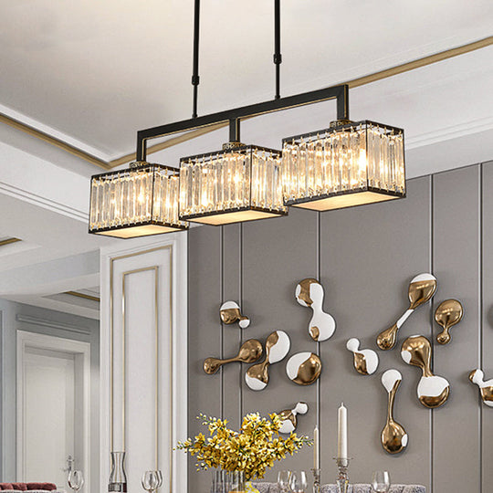 Contemporary Crystal Black Chandelier Island Light Fixture - Cubic Dining Hall Lamp 3 Bulbs