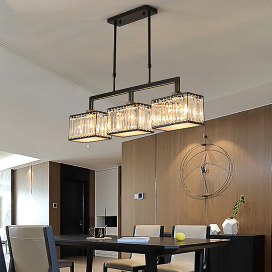 Contemporary Crystal Black Chandelier Island Light Fixture - Cubic Dining Hall Lamp 3 Bulbs