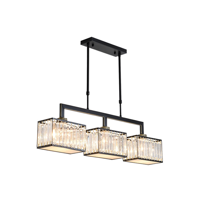 Contemporary Crystal Black Chandelier Island Light Fixture - Cubic Dining Hall Lamp 3 Bulbs