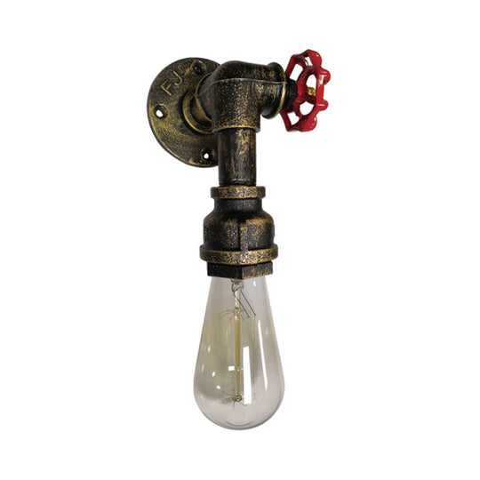 Metal Wall Lighting - Industrial Black/Antique Brass Water Pipe Sconce Light For Bedroom With Valve