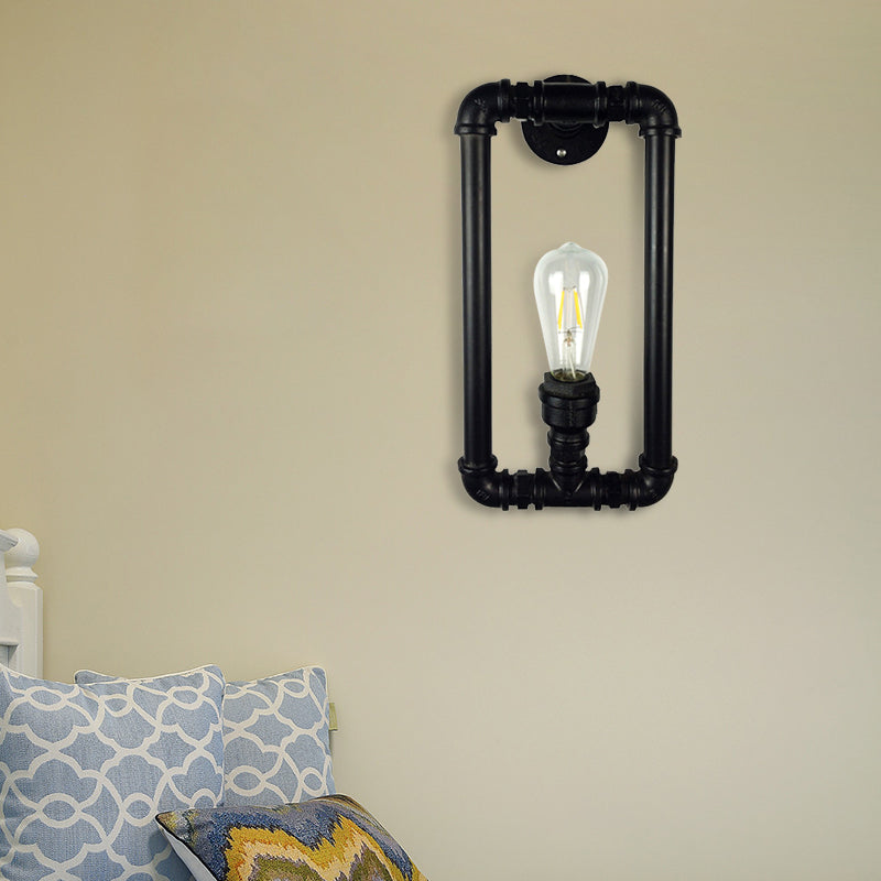 Industrial Metal 1-Light Bedroom Sconce Lamp In Matte Black Rectangle Design With Pipe Detailing