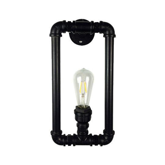 Industrial Metal 1-Light Bedroom Sconce Lamp In Matte Black Rectangle Design With Pipe Detailing