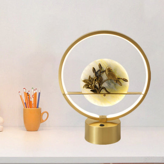 Ruchba - Circle Gold Metal LED Night Table Light with Flower and Bird Decor