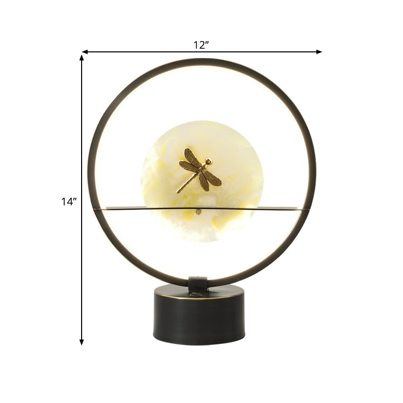 Minimalist Led Metal Desk Lamp - Black Round Night Light With Dragonfly Detail