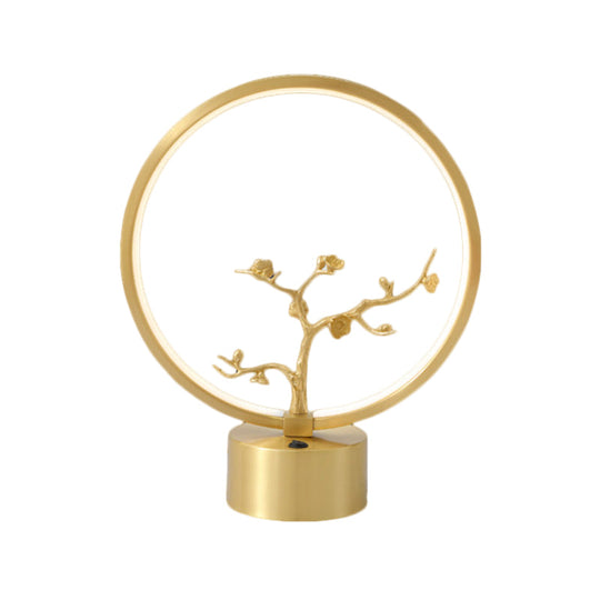 Gold Led Tree Decor Night Light - Modern Metallic Ring Table Lighting