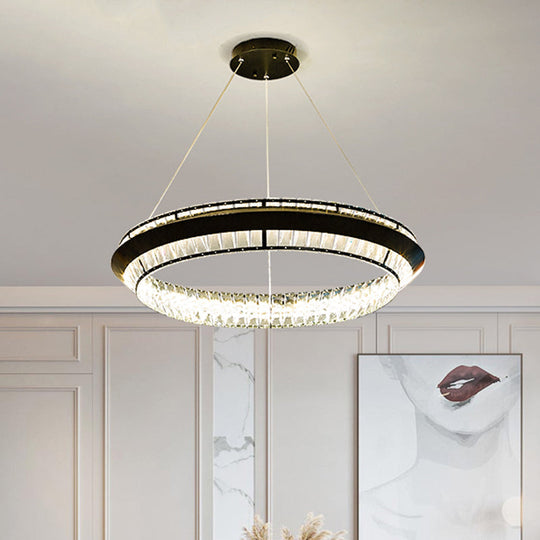 Rectangle-Cut Crystal LED Ring Chandelier in Contemporary Black