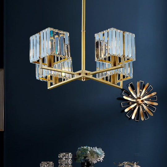 Contemporary Gold Cuboid Crystal Chandelier Light with 4 or 6 Pendant Heads for Bedroom Fixture