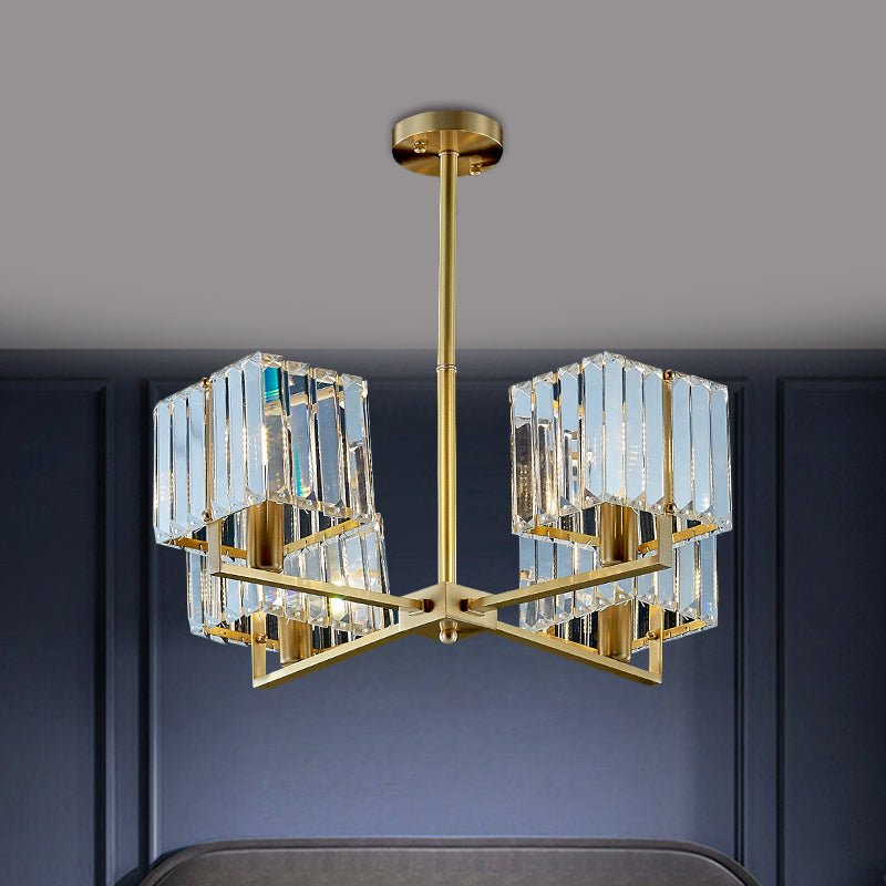 Contemporary Gold Cuboid Crystal Chandelier Light with 4 or 6 Pendant Heads for Bedroom Fixture