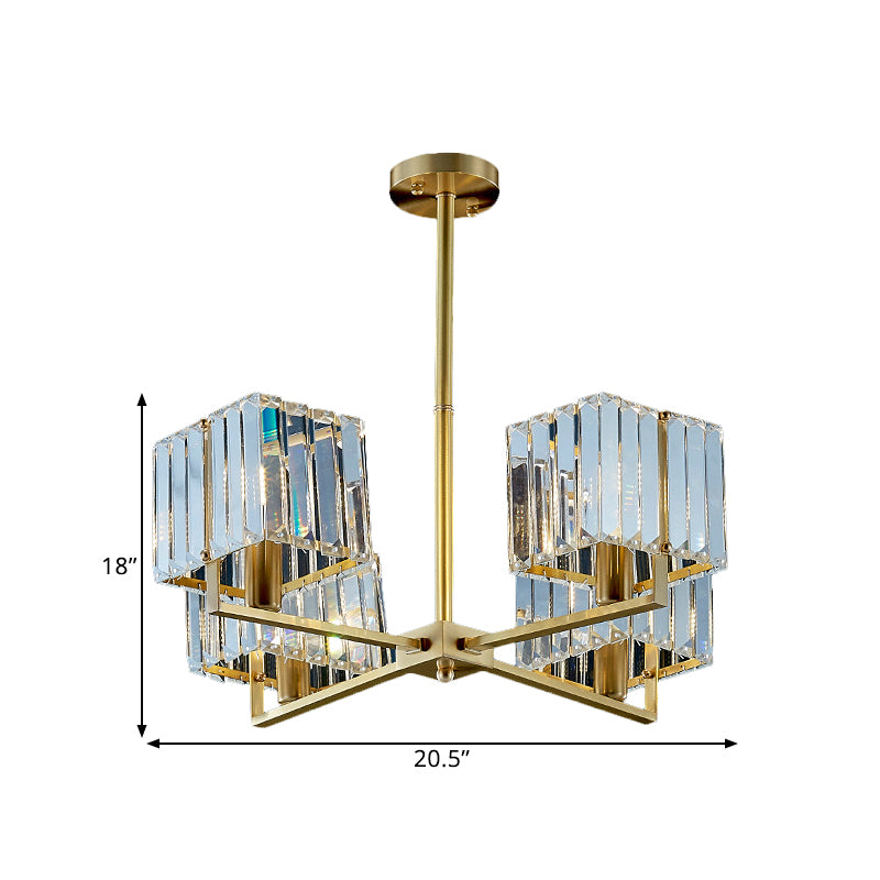 Contemporary Gold Cuboid Crystal Chandelier Light with 4 or 6 Pendant Heads for Bedroom Fixture