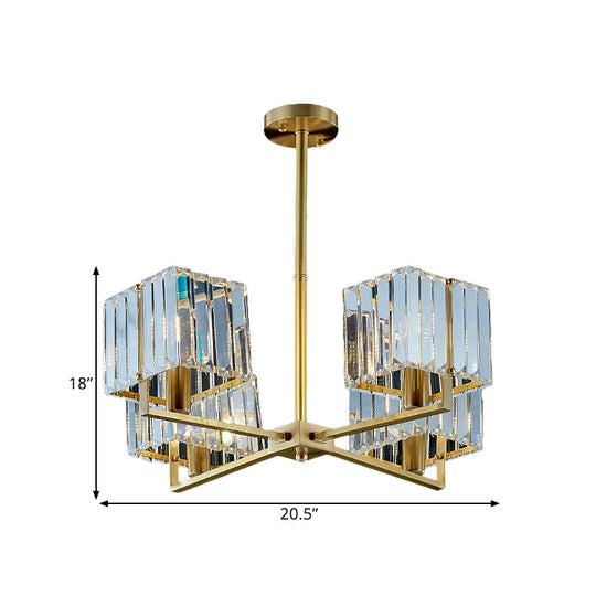 Contemporary Gold Cuboid Crystal Chandelier Light with 4 or 6 Pendant Heads for Bedroom Fixture