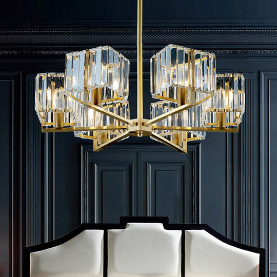 Contemporary Gold Cuboid Crystal Chandelier Light with 4 or 6 Pendant Heads for Bedroom Fixture