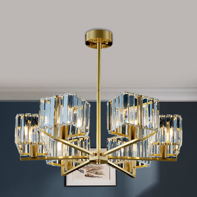 Contemporary Gold Cuboid Crystal Chandelier - 4/6 Head Pendant Light Fixture For Bedroom