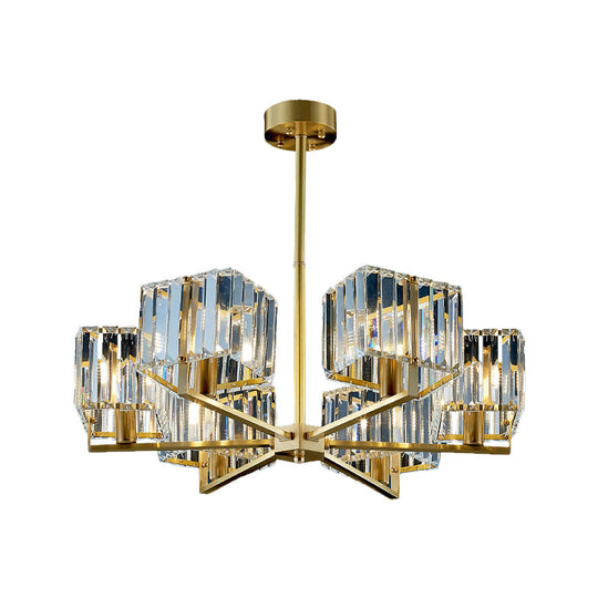 Contemporary Gold Cuboid Crystal Chandelier Light with 4 or 6 Pendant Heads for Bedroom Fixture