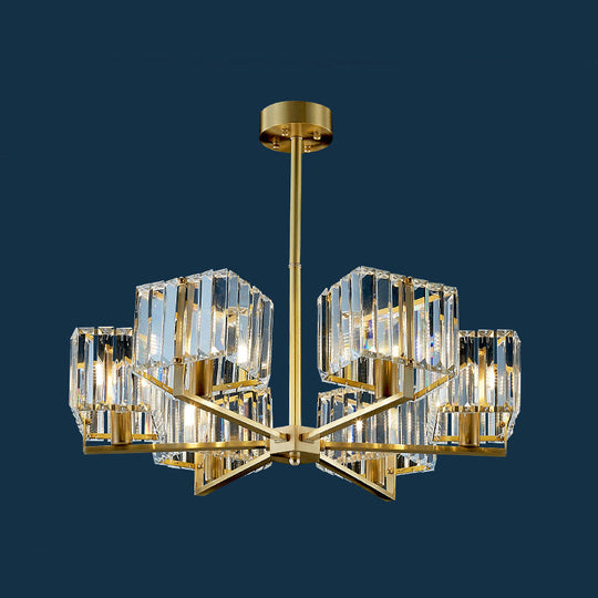 Contemporary Gold Cuboid Crystal Chandelier Light with 4 or 6 Pendant Heads for Bedroom Fixture