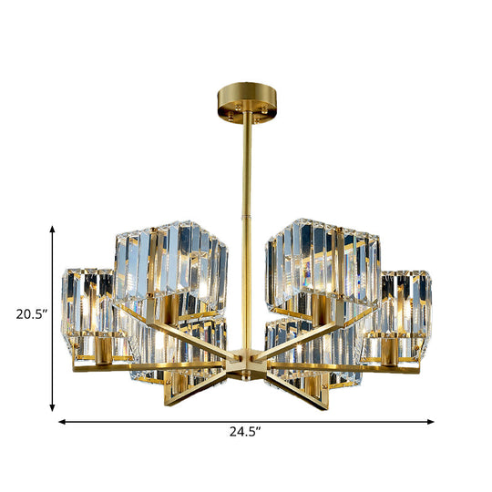 Contemporary Gold Cuboid Crystal Chandelier Light with 4 or 6 Pendant Heads for Bedroom Fixture