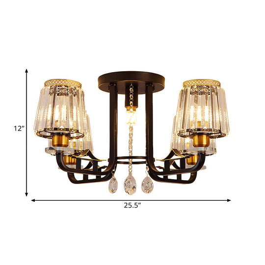 Black Crystal Tapered Semi-Flush Ceiling Light Fixture - 5-Lights Led Traditional Chandelier