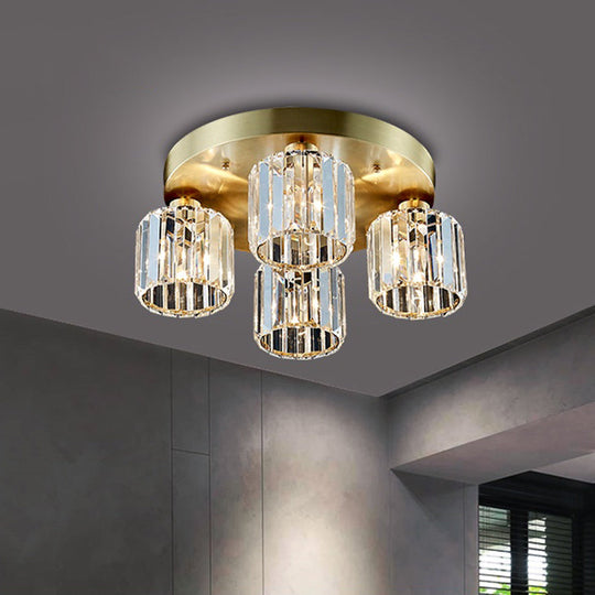 Modern Cylindrical Semi Flush Crystal Chandelier - Gold