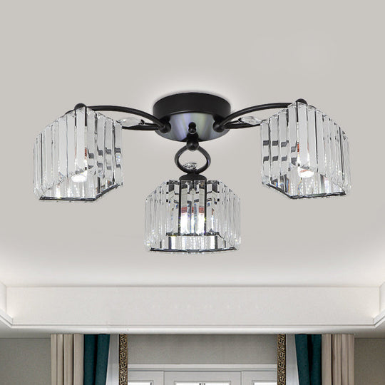 Modern Semi Flush Mount with Clear Crystals and Sleek Black Finish - 3/6 Heads Trapezoid Design