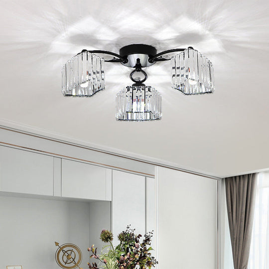 Modern Semi Flush Mount With Clear Crystals And Sleek Black Finish - 3/6 Heads Trapezoid Design