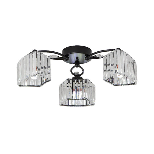 Modern Semi Flush Mount With Clear Crystals And Sleek Black Finish - 3/6 Heads Trapezoid Design