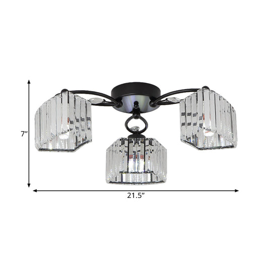 Modern Semi Flush Mount With Clear Crystals And Sleek Black Finish - 3/6 Heads Trapezoid Design