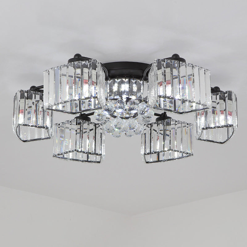 Modern Semi Flush Mount with Clear Crystals and Sleek Black Finish - 3/6 Heads Trapezoid Design