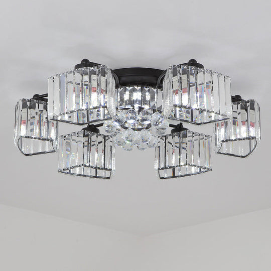 Modern Semi Flush Mount with Clear Crystals and Sleek Black Finish - 3/6 Heads Trapezoid Design